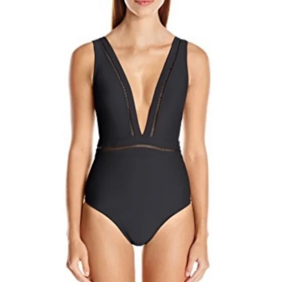 NWT Ted Baker Pointelle Deep V Plunge Swimsuit in Black 4 - Picture 1 of 11